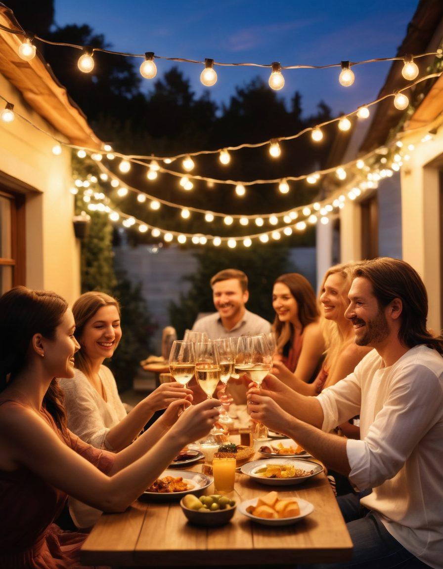 A lively outdoor patio scene filled with diverse groups of friends clinking wine glasses, enjoying an array of gourmet dishes like artisanal cheeses and finger foods. Sparkling fairy lights adorn the surroundings, creating a warm and inviting atmosphere. A picturesque sunset sets the backdrop, casting golden hues across the scene, embodying celebration and togetherness. super-realistic. vibrant colors. warm lighting.